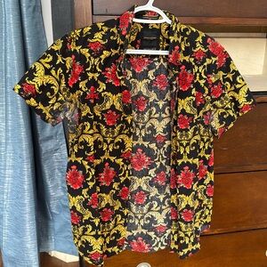 Men’s Denim and Flower Short Sleeve Dress Shirt